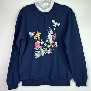 Vintage Morning Sun Hummingbird Floral Blue Sweatshirt Medium